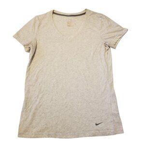 Nike Dri-Fit Beige T-shirt V-Neck Tee Small Womens Cotton Cream/Grey Relaxed Fit